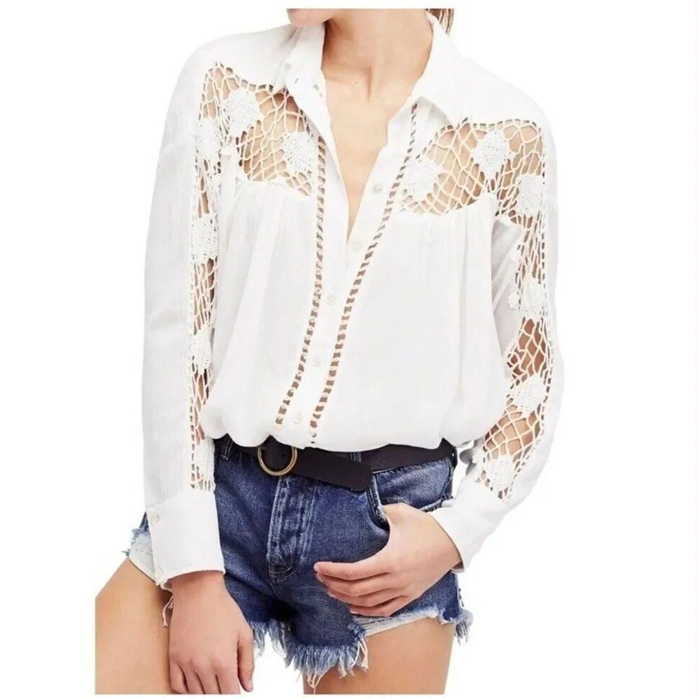 Free People Katie Bird Crochet Button Down Shirt